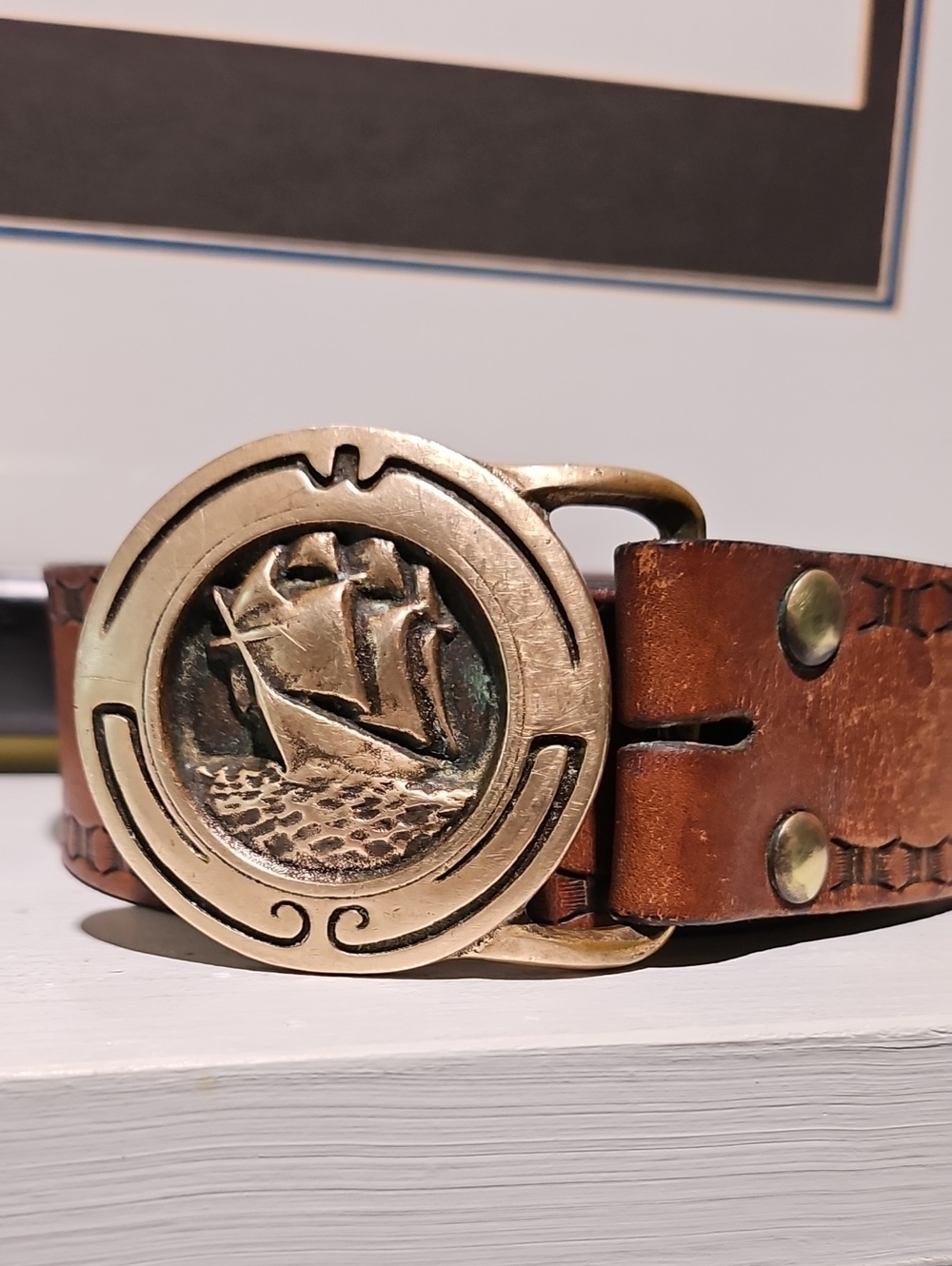 Tech Ether Guild Inc. 1974 Solid Brass Buckle W/ Tooled Belt